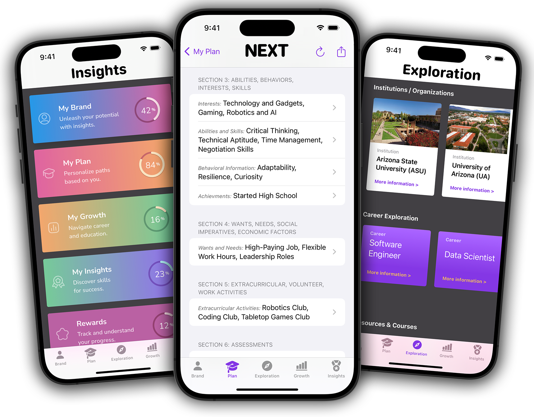 Three different sections of the Next for Students app for iPhone